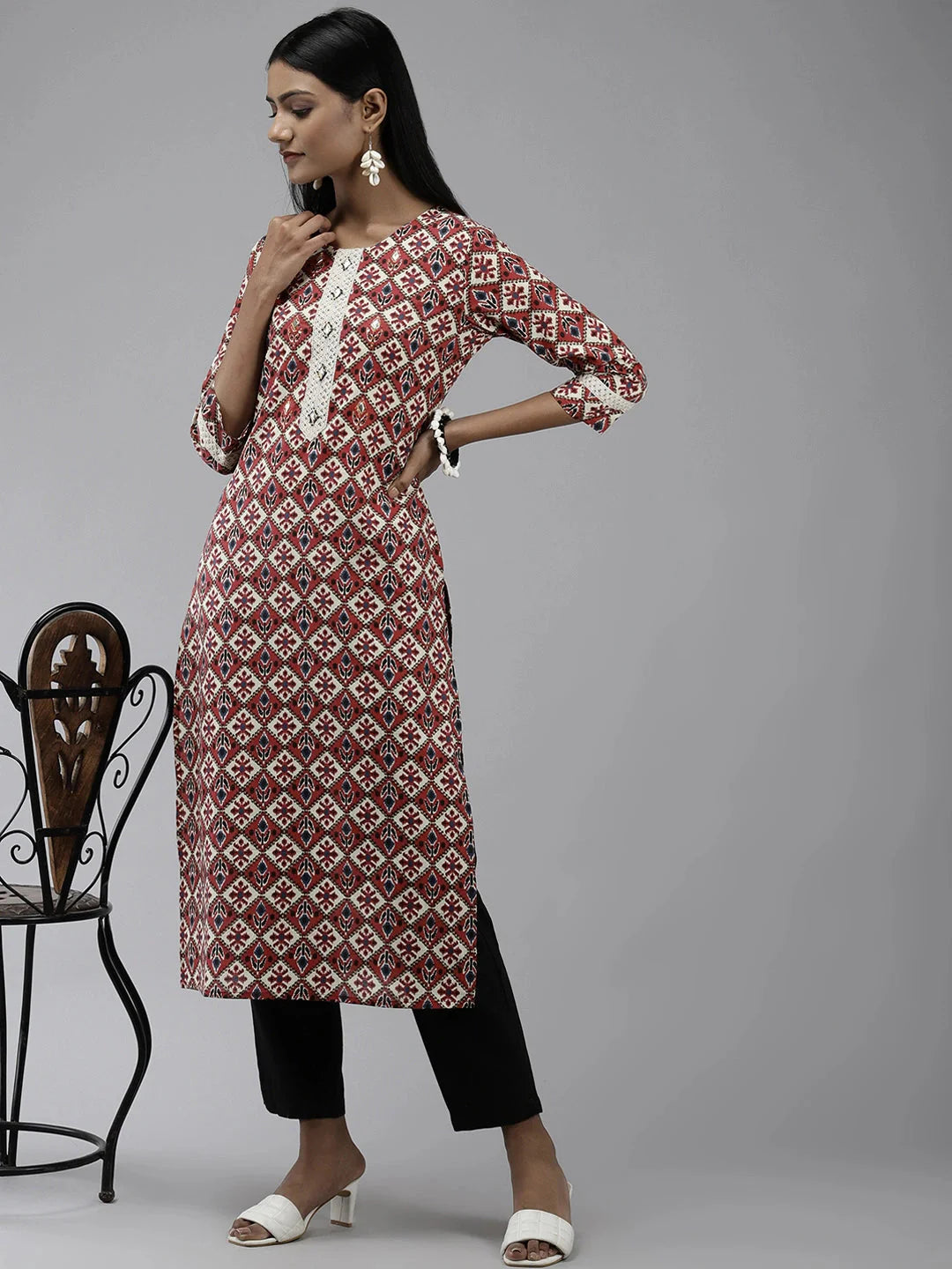 Beige & Maroon Ethnic Printed Kurta-Yufta Store-9637KURBGS