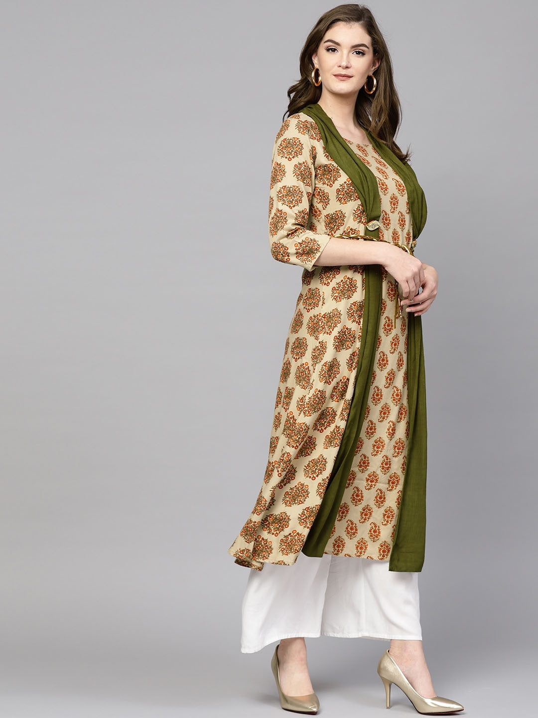 Beige & Olive Green A-Line Kurta with an Attached Draped-Yufta Store-DBNKU1649S