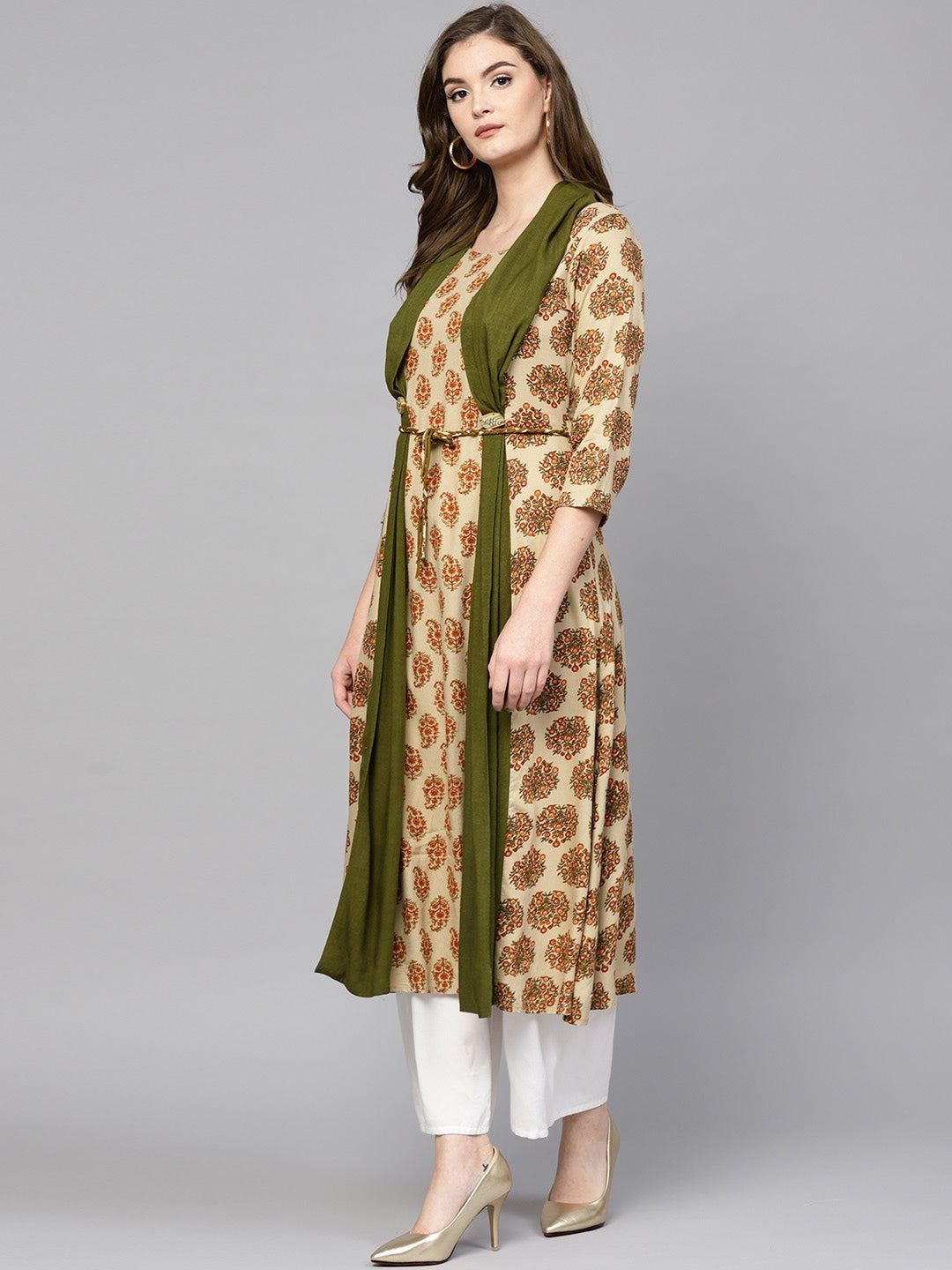 Beige & Olive Green A-Line Kurta with an Attached Draped-Yufta Store-DBNKU1649S