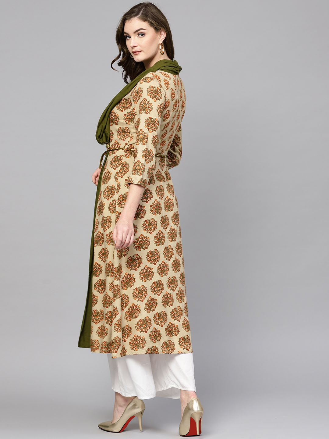 Beige & Olive Green A-Line Kurta with an Attached Draped-Yufta Store-DBNKU1649S