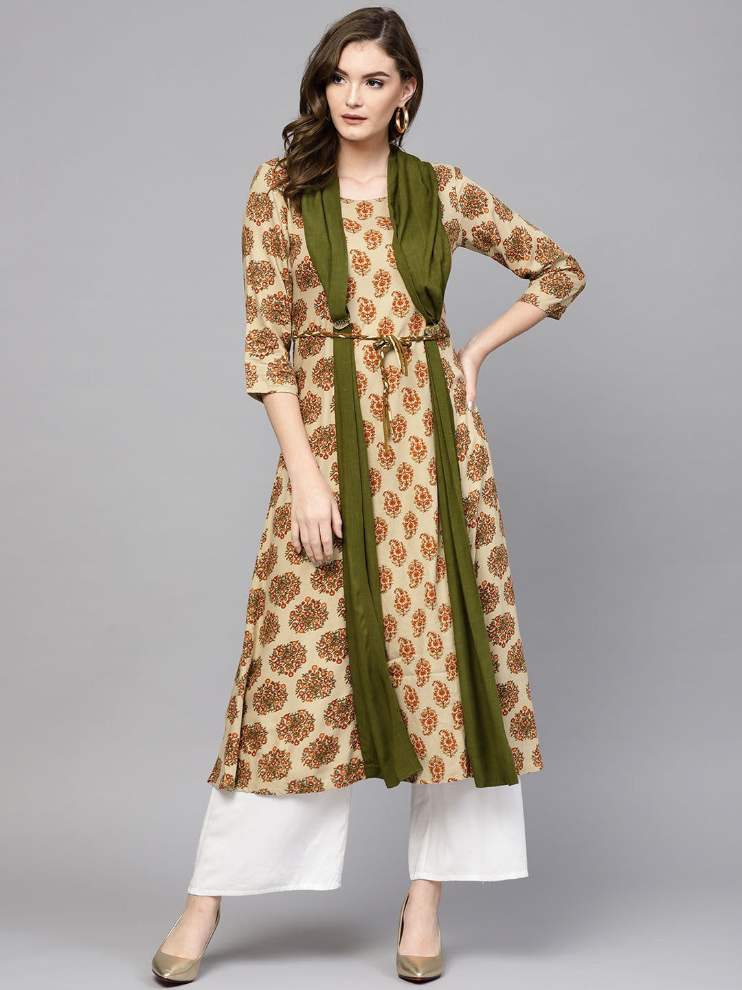 Beige & Olive Green A-Line Kurta with an Attached Draped-Yufta Store-DBNKU1649S