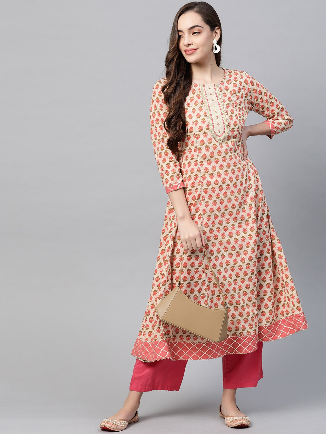 Beige & Peach Printed Kurta