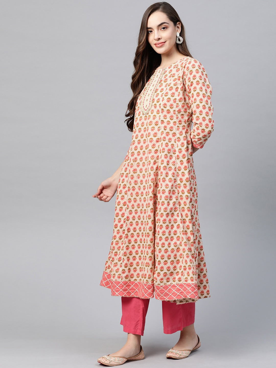 Beige & Peach Printed Kurta