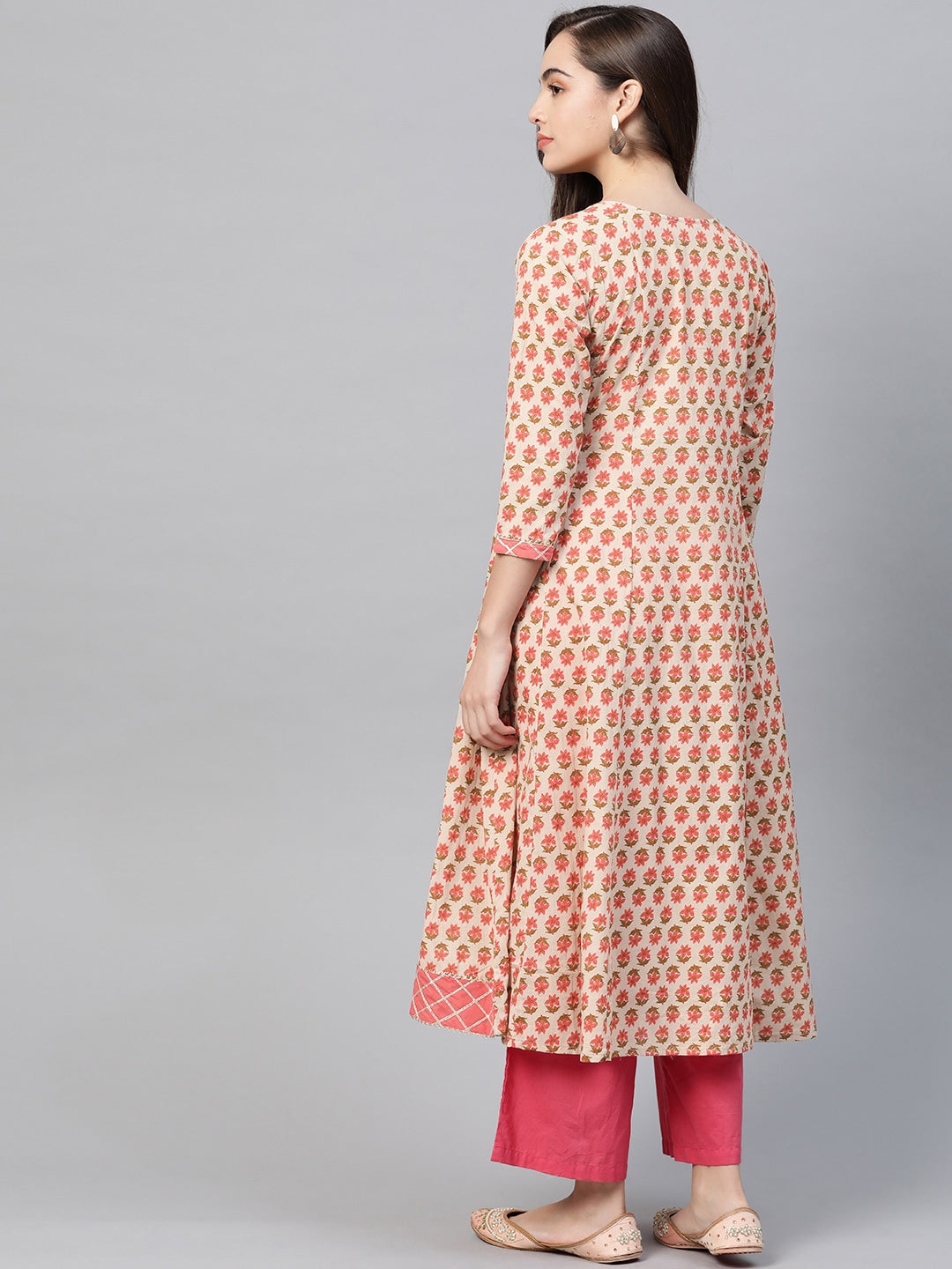 Beige & Peach Printed Kurta