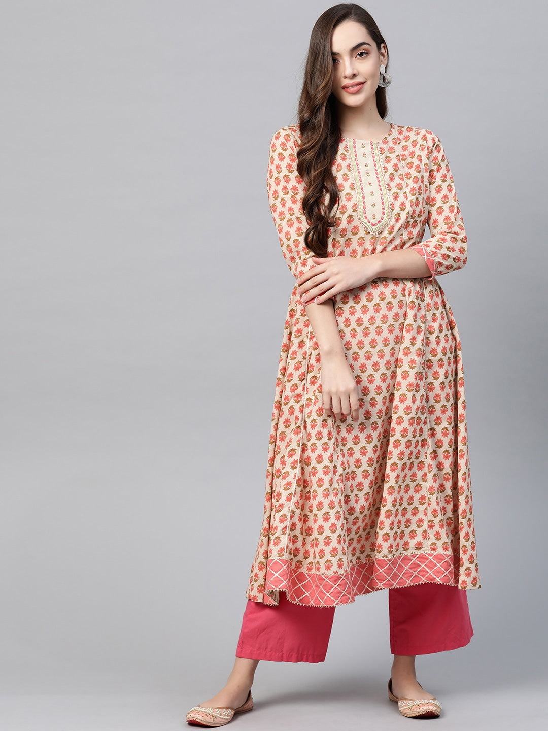 Beige & Peach Printed Kurta