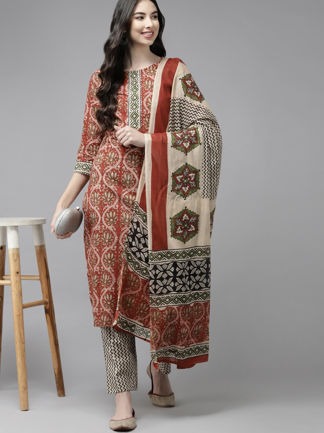 Beige Printed Dupatta Set-Yufta Store-9412SKDBGS