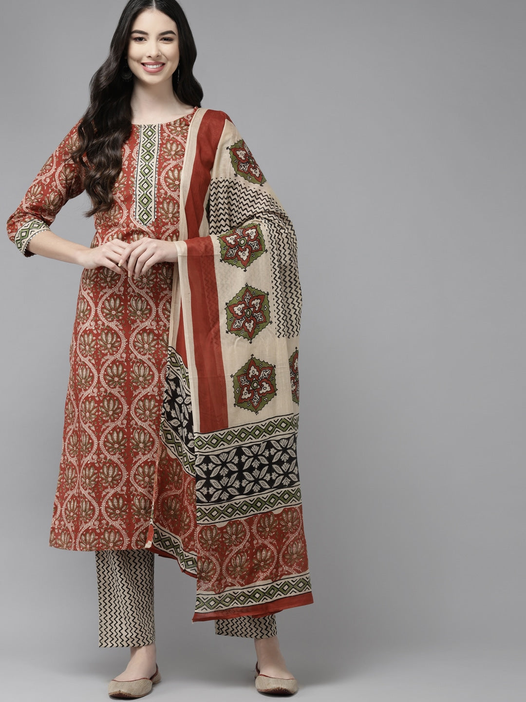 Beige Printed Dupatta Set-Yufta Store-9412SKDBGS