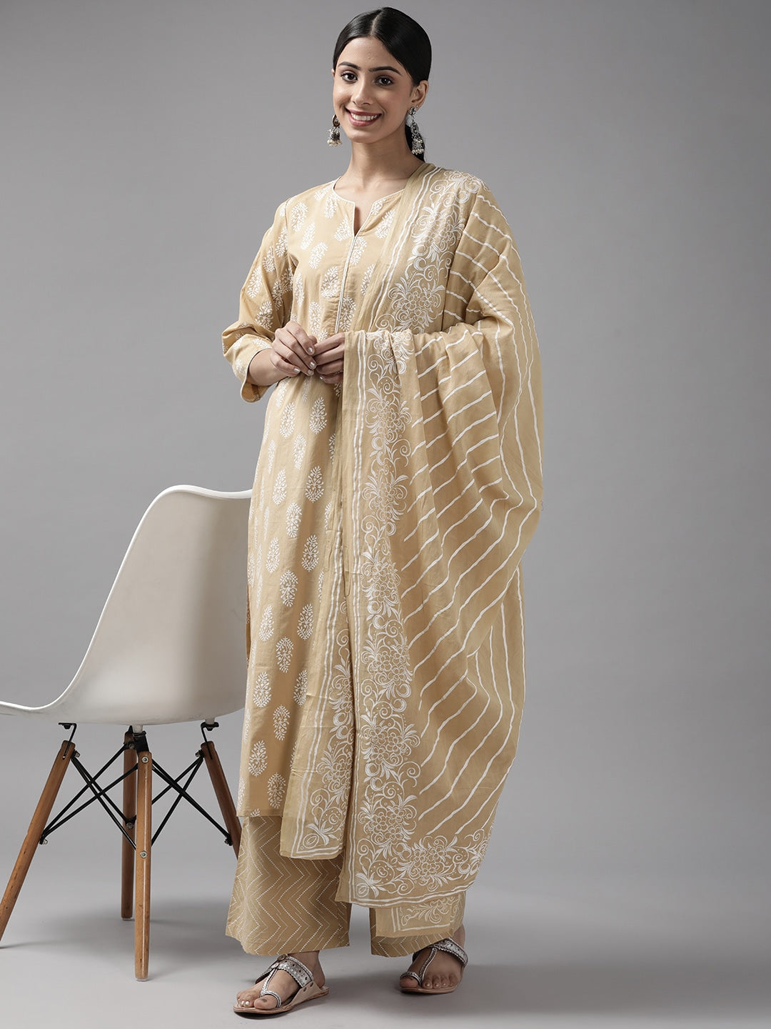 Beige Printed Ethnic Motifs Dupatta Set