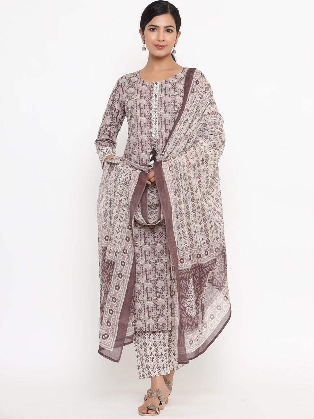 Beige Woven Design Printed Dupatta Set