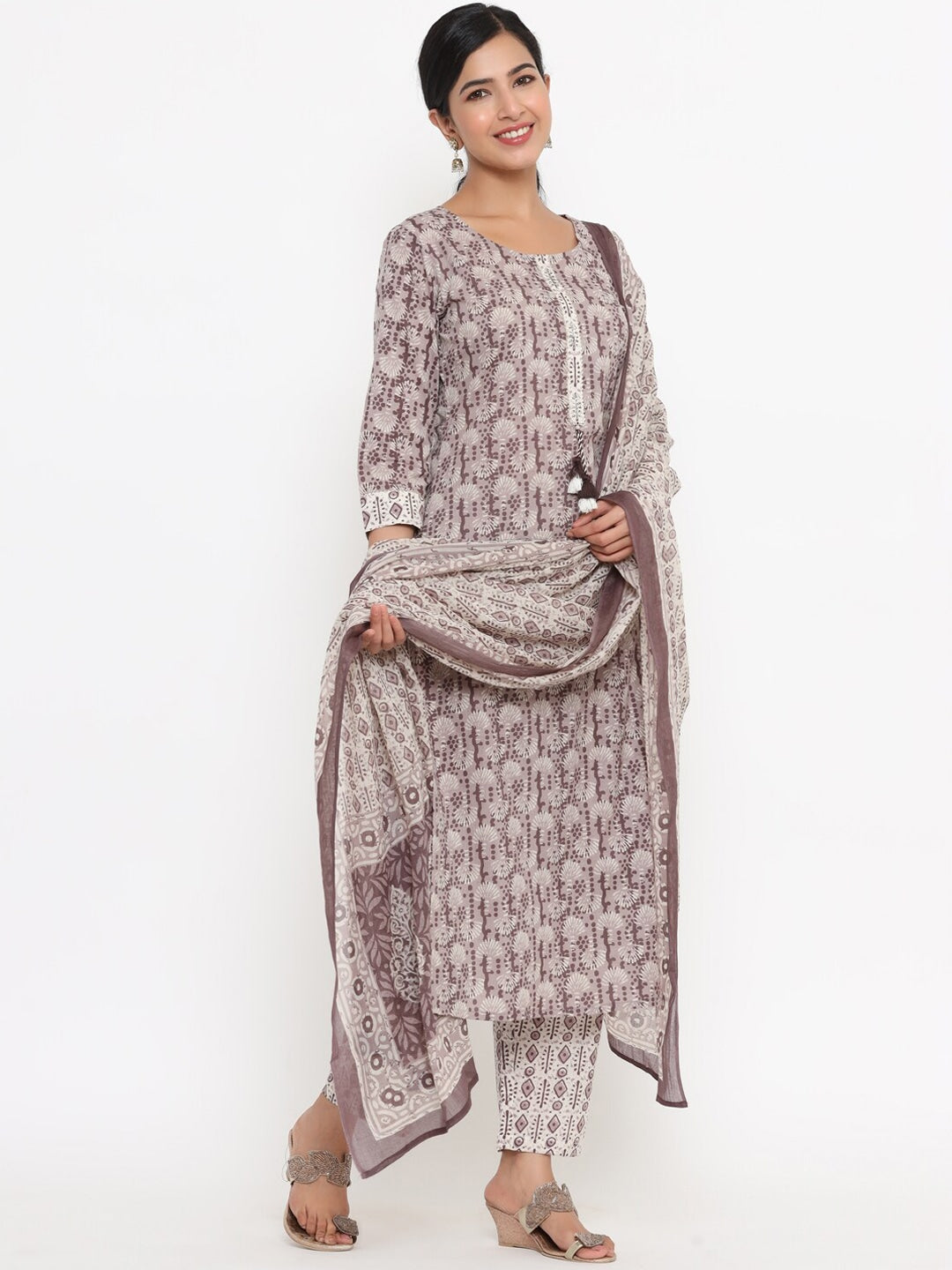 Beige Woven Design Printed Dupatta Set