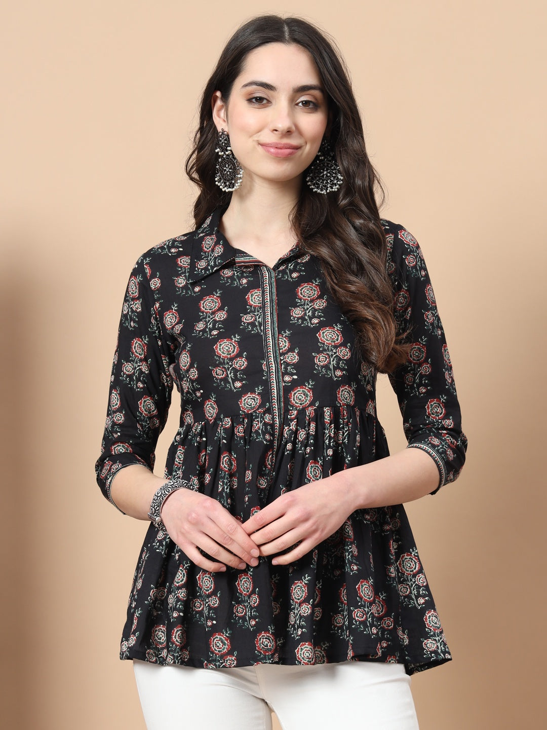 Black Cotton Floral Print Peplum Top-Yufta Store-9719TOPBKXS