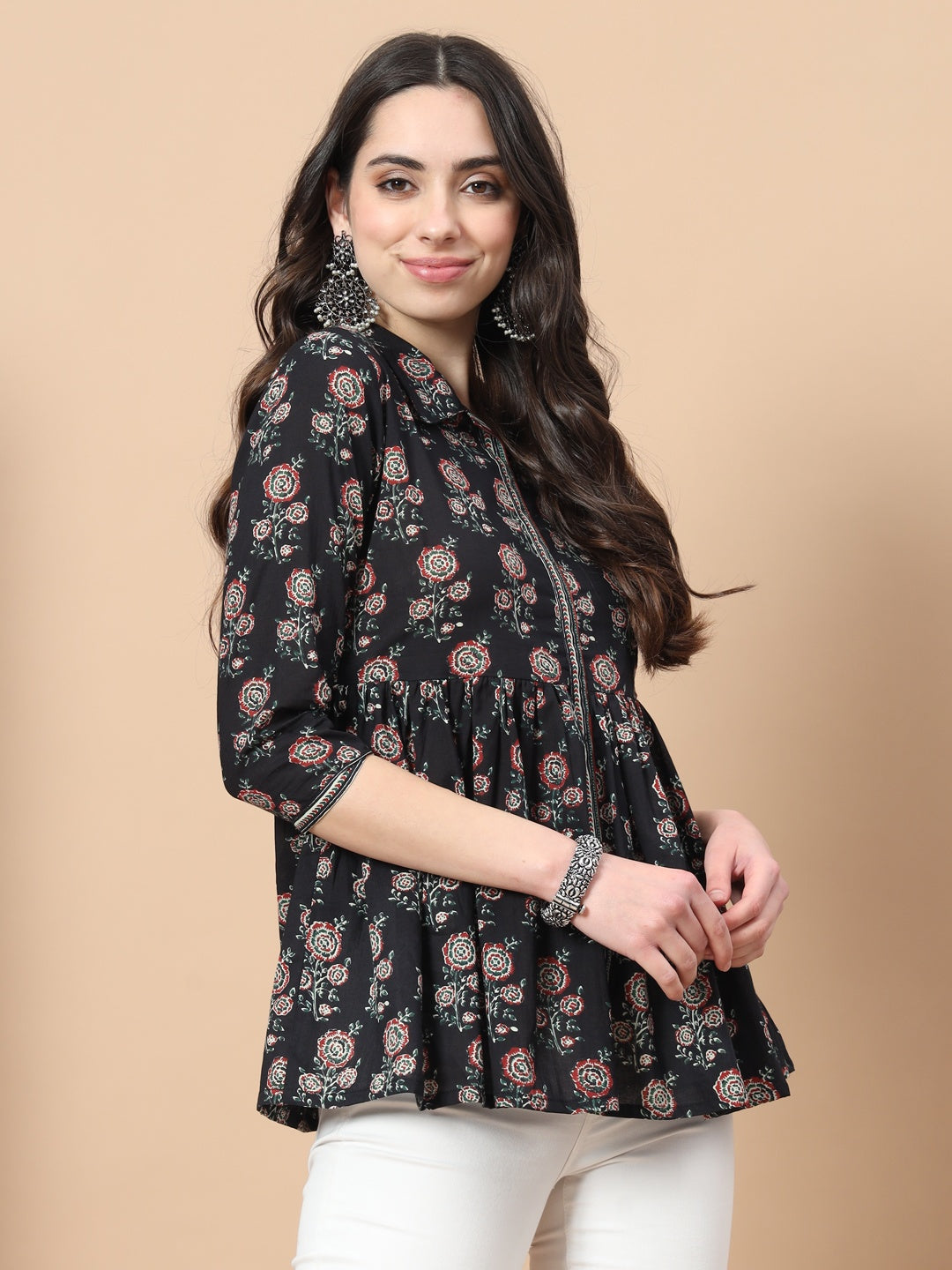 Black Cotton Floral Print Peplum Top-Yufta Store-9719TOPBKXS