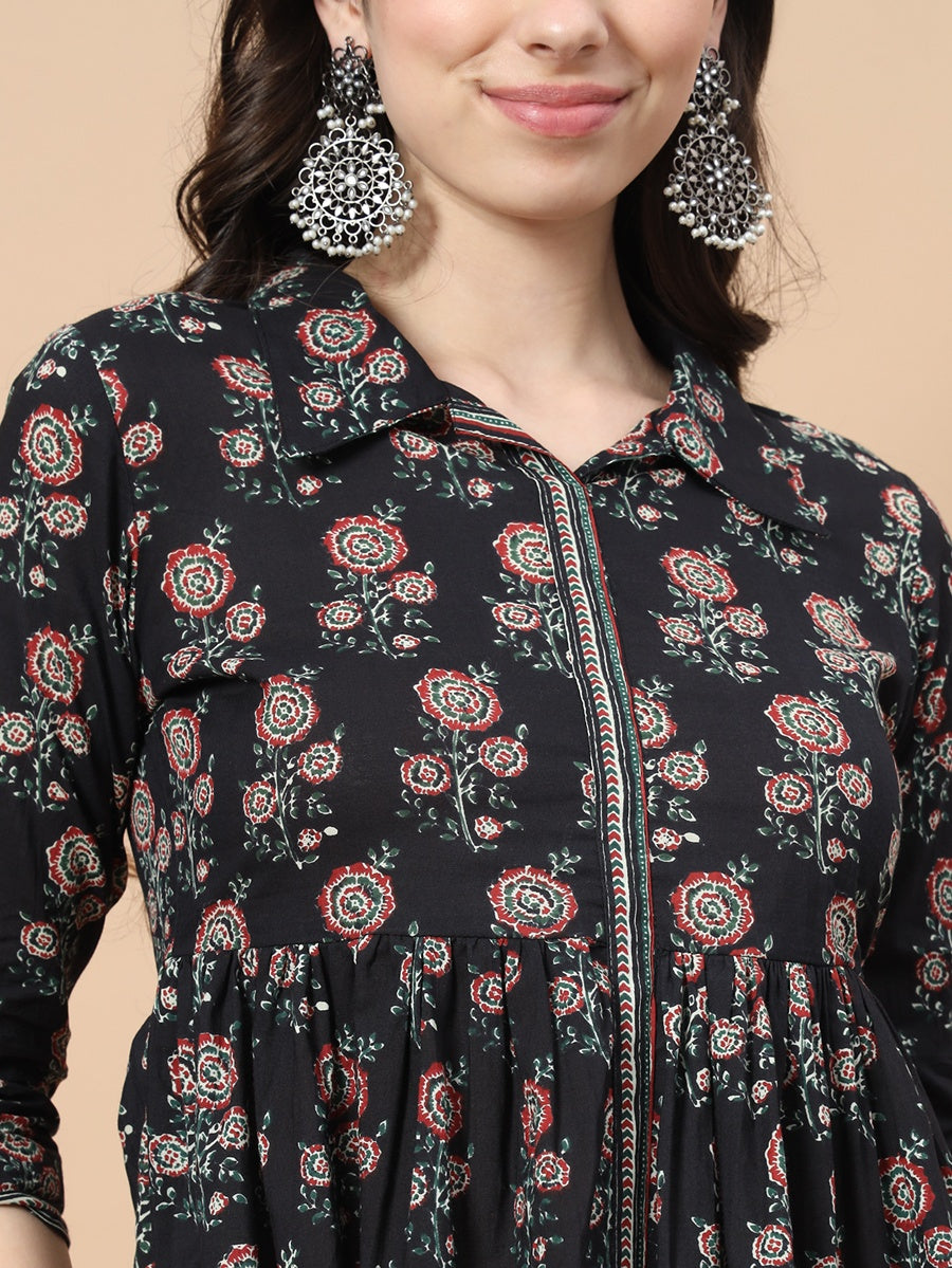 Black Cotton Floral Print Peplum Top-Yufta Store-9719TOPBKXS