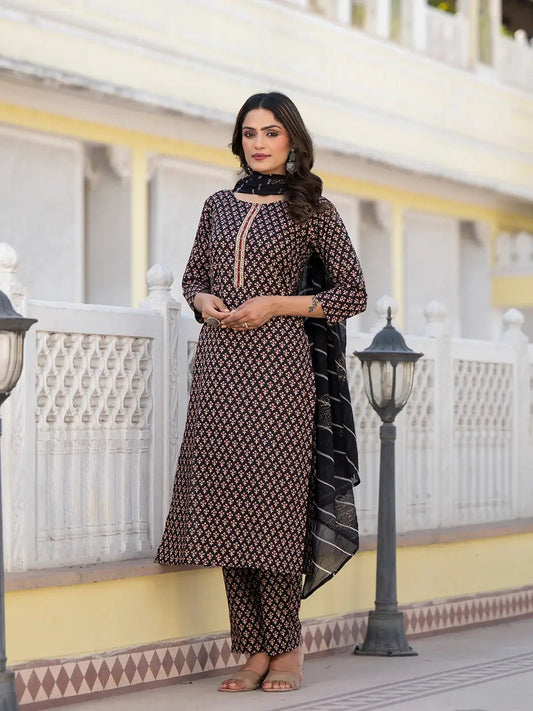 Black Cutdana_Work Straight Kurta Trouser And Dupatta Set-Yufta Store-6882SKDBKS