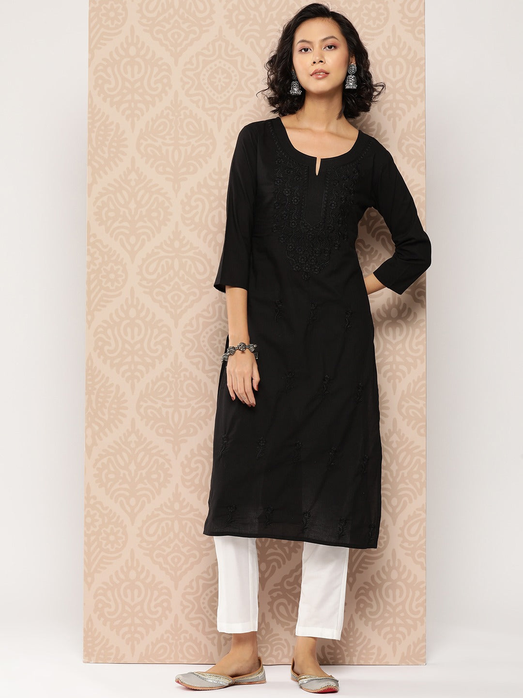 Black Embroidered Chikankari Cotton Kurta-Yufta Store-1285KURBKS