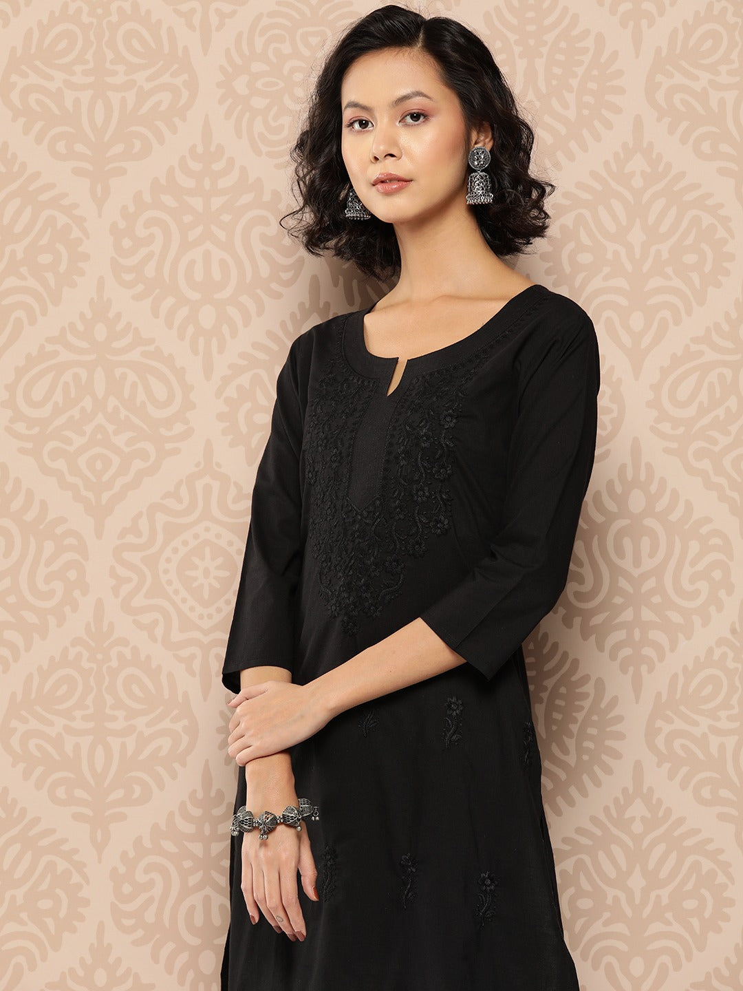 Black Embroidered Chikankari Cotton Kurta-Yufta Store-1285KURBKS