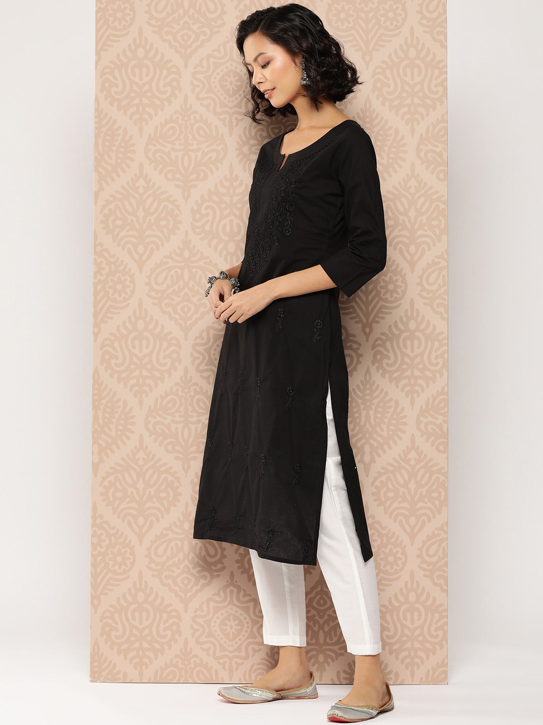 Black Embroidered Chikankari Cotton Kurta-Yufta Store-1285KURBKS