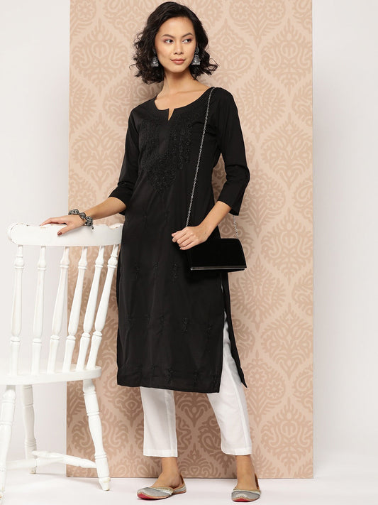 Black Embroidered Chikankari Cotton Kurta-Yufta Store-1285KURBKS