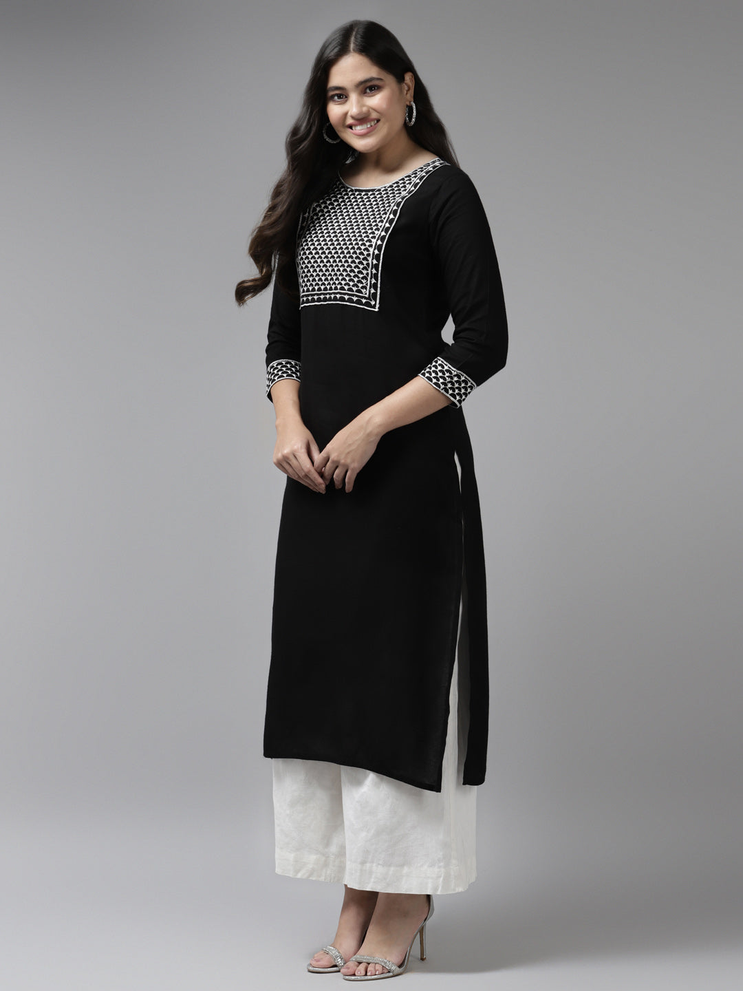 Black Embroidered Kurta-Yufta Store-6217KURBKS