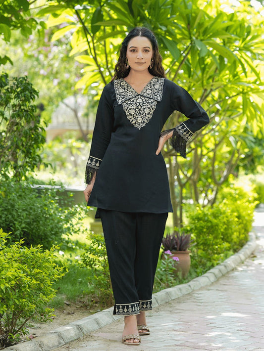 Black Embroidered Shirt And Trouser Co Ords-Yufta Store-1476CRDBKS