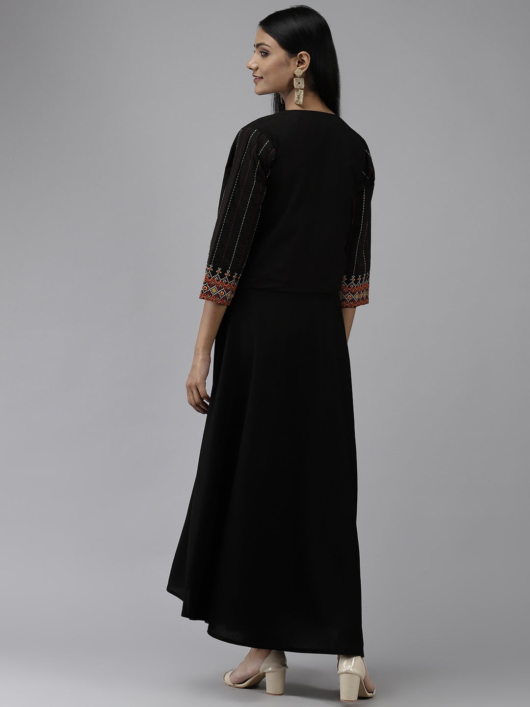 Black Ethnic Dress with Jacket-Yufta Store-9689DRSBKS