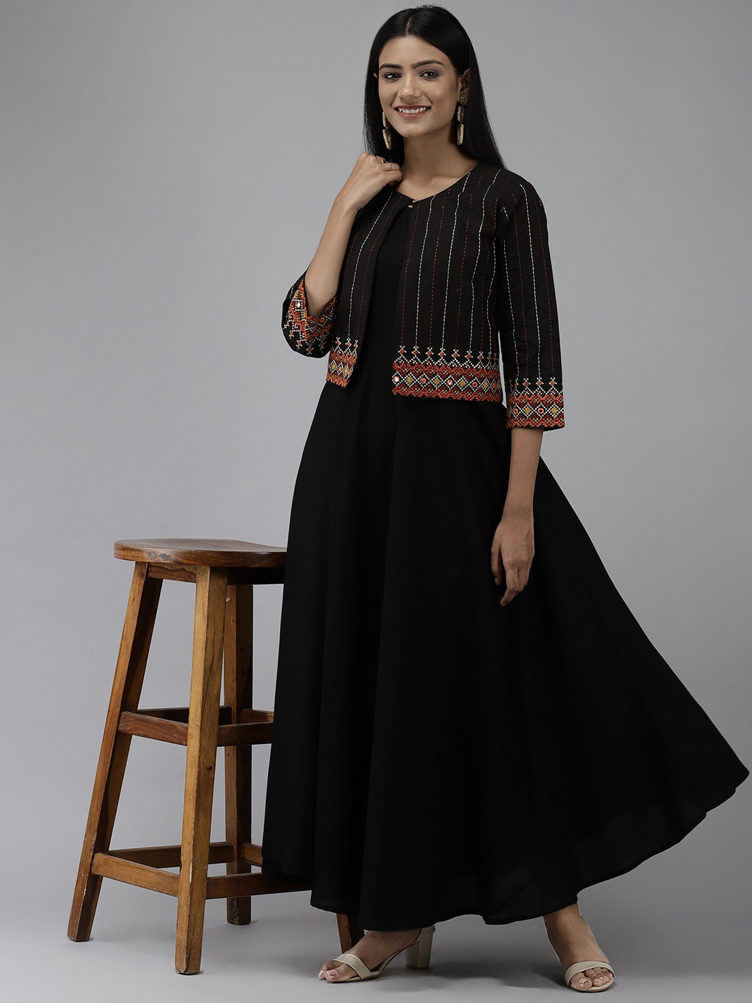 Black Ethnic Dress with Jacket-Yufta Store-9689DRSBKS