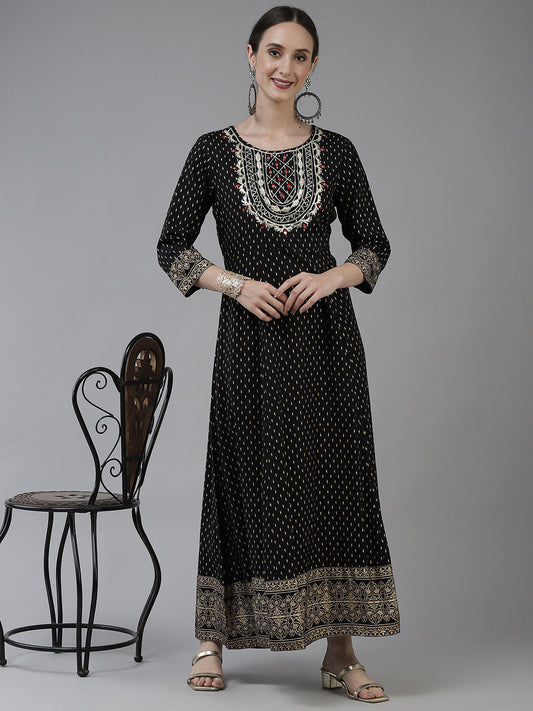 Black Ethnic Motifs Dress-Yufta Store-5802DRSBKS