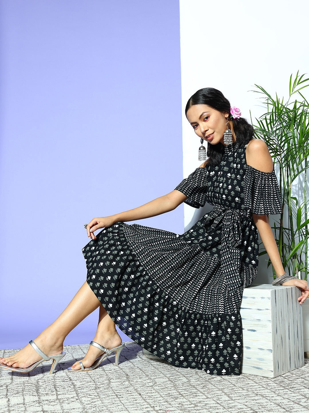 Black Ethnic Motifs Indie Gal Dress-Yufta Store-8101DRSBKXS