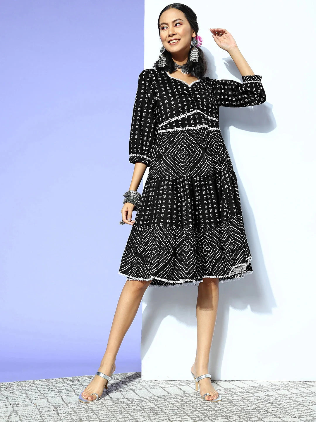 Black Ethnic Motifs Indie Gal Dress-Yufta Store-8103DRSBKXS