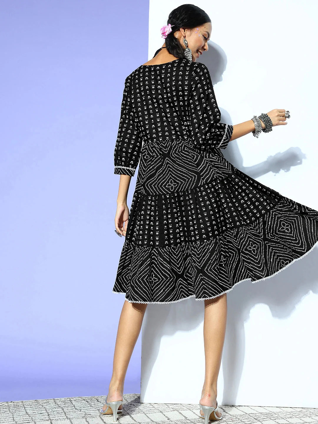 Black Ethnic Motifs Indie Gal Dress-Yufta Store-8103DRSBKXS