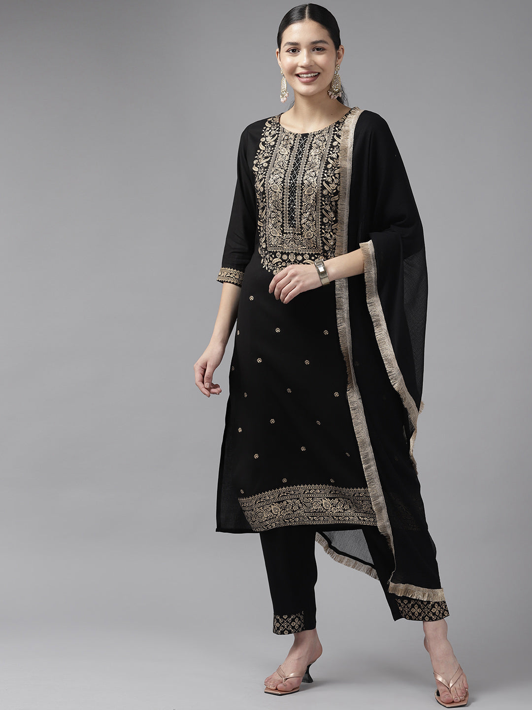 Black Ethnic Motifs Printed Straight Cotton Dupatta Set-Yufta Store-9865SKDBKS