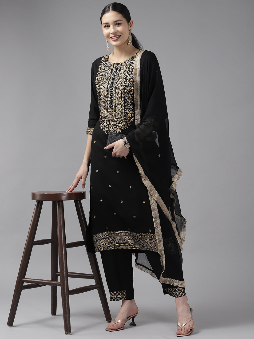 Black Ethnic Motifs Printed Straight Cotton Dupatta Set-Yufta Store-9865SKDBKS