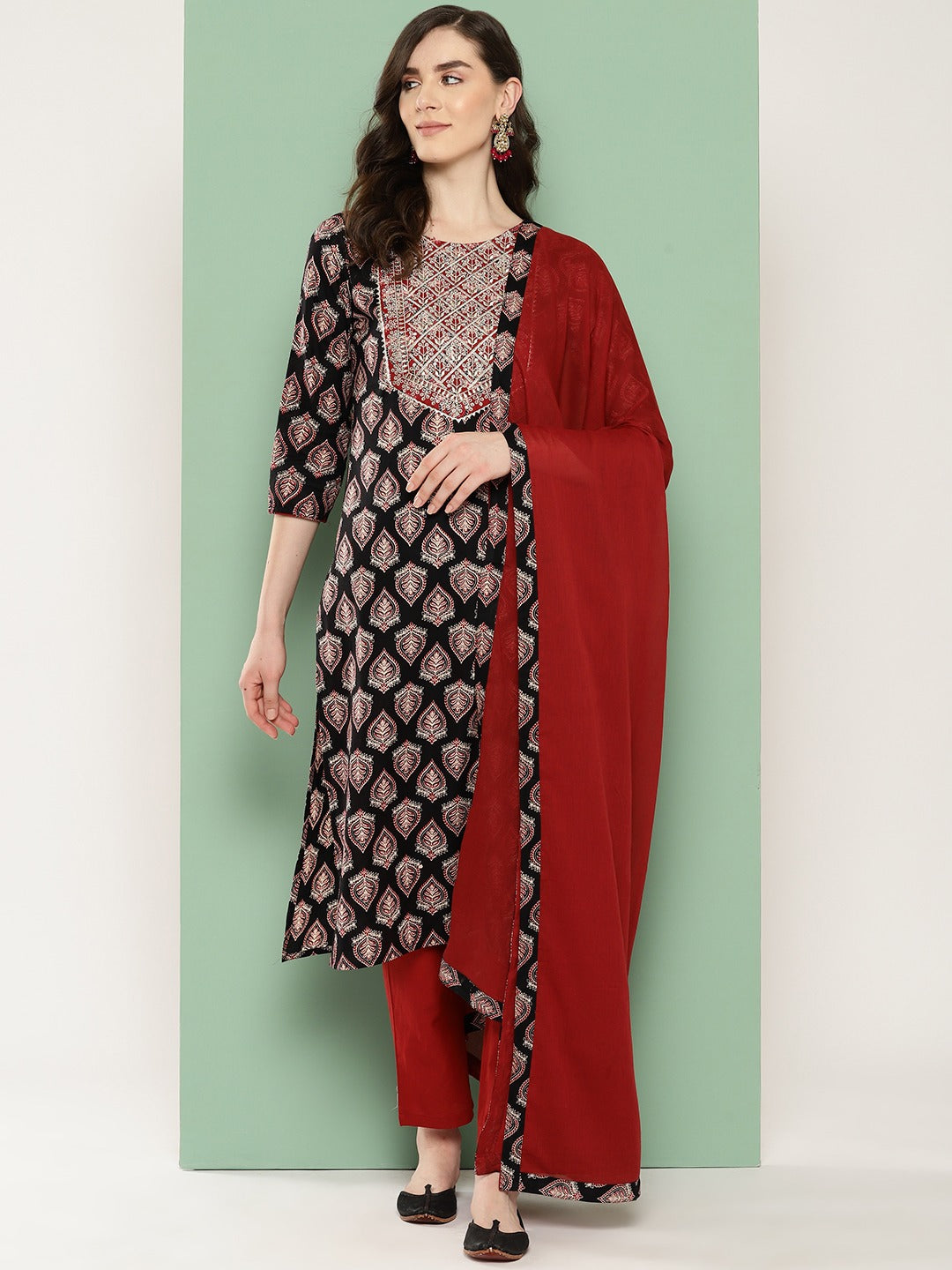 Black Ethnic Motifs Regular Pure Cotton Kurta with Trousers & With Dupatta Set-Yufta Store-1392SKDBKS