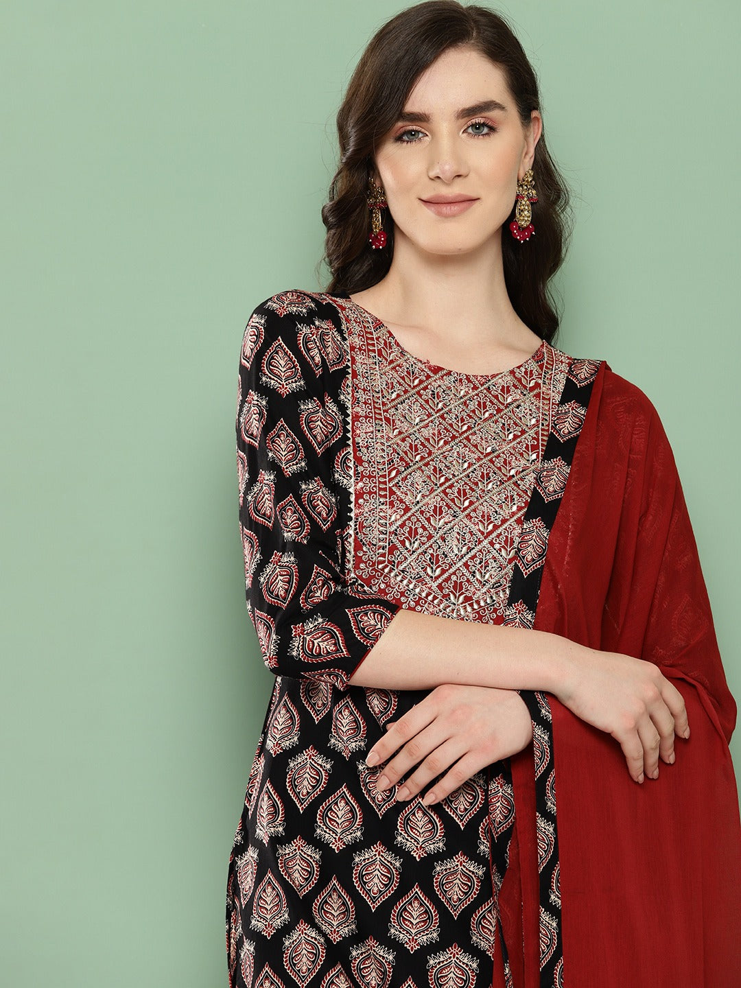 Black Ethnic Motifs Regular Pure Cotton Kurta with Trousers & With Dupatta Set-Yufta Store-1392SKDBKS