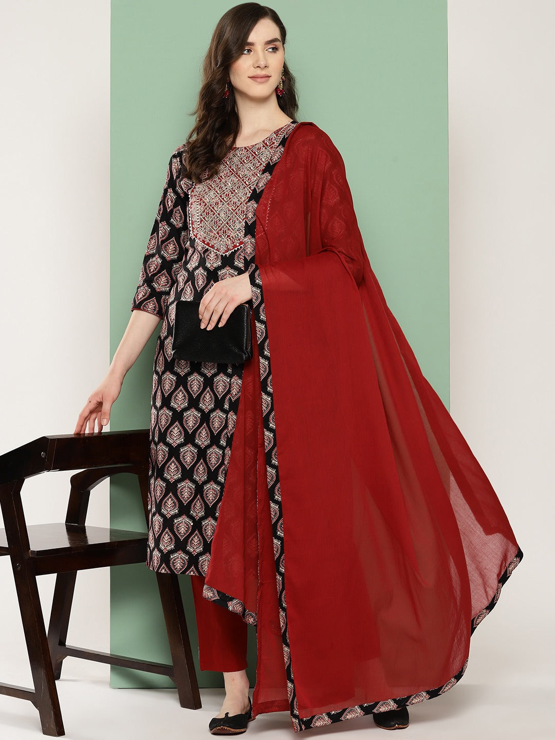 Black Ethnic Motifs Regular Pure Cotton Kurta with Trousers & With Dupatta Set-Yufta Store-1392SKDBKS