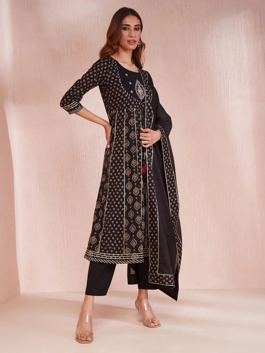 Black Ethnic Motifs Round Neck Anarkali Kurta Trouser Set-Yufta Store-1957SKDBKS