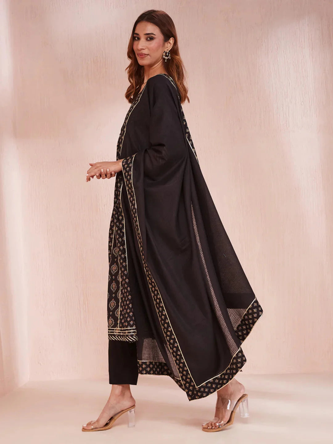 Black Ethnic Motifs Round Neck Anarkali Kurta Trouser Set-Yufta Store-1957SKDBKS