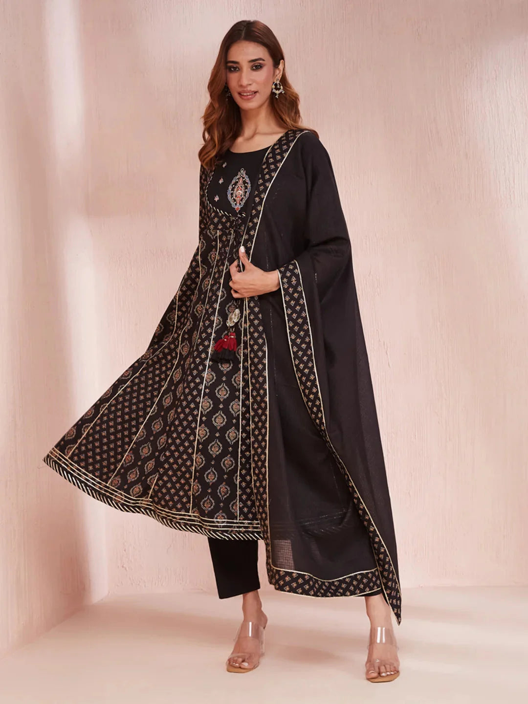 Black Ethnic Motifs Round Neck Anarkali Kurta Trouser Set-Yufta Store-1957SKDBKS