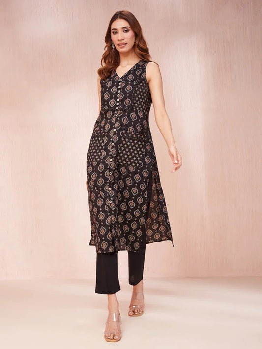 Black Ethnic Motifs Round Neck Straight Kurta-Yufta Store-1958KURBKS