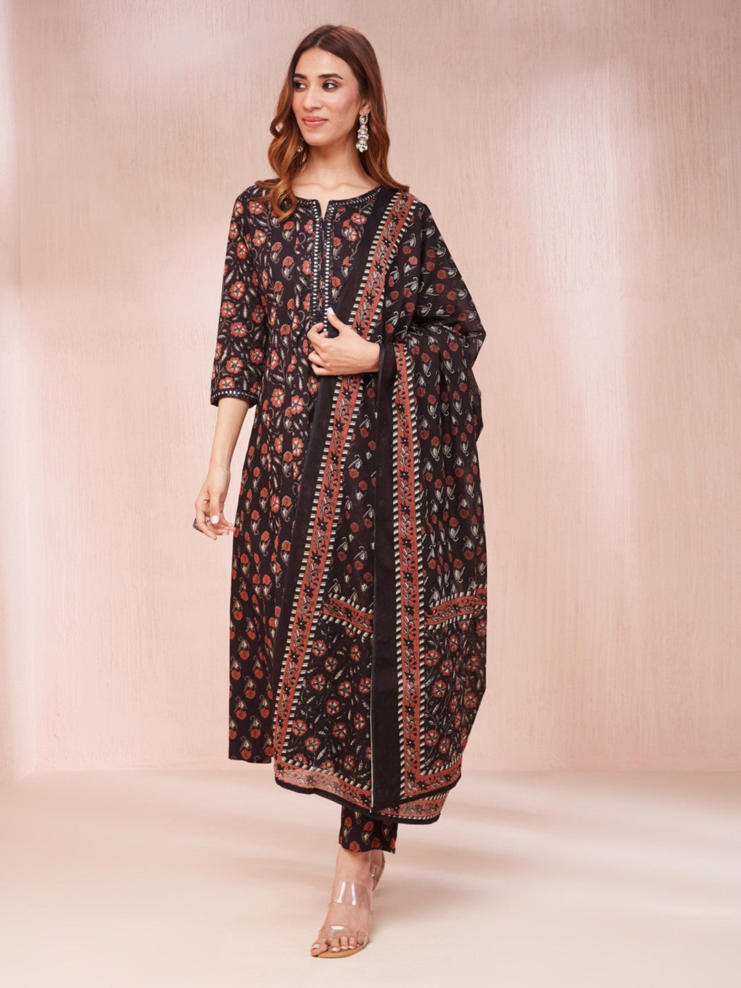 Black Floral Print Mirror_Work Anarkali Kurta Trouser And Dupatta Set-Yufta Store-1745SKDBKS