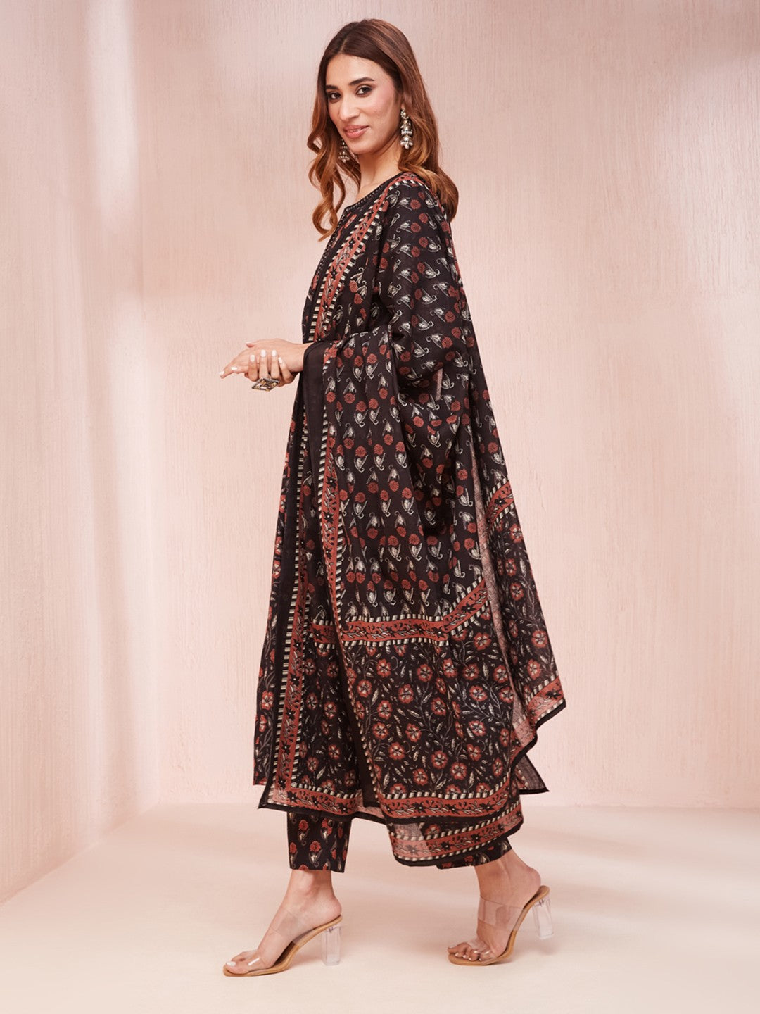 Black Floral Print Mirror_Work Anarkali Kurta Trouser And Dupatta Set-Yufta Store-1745SKDBKS