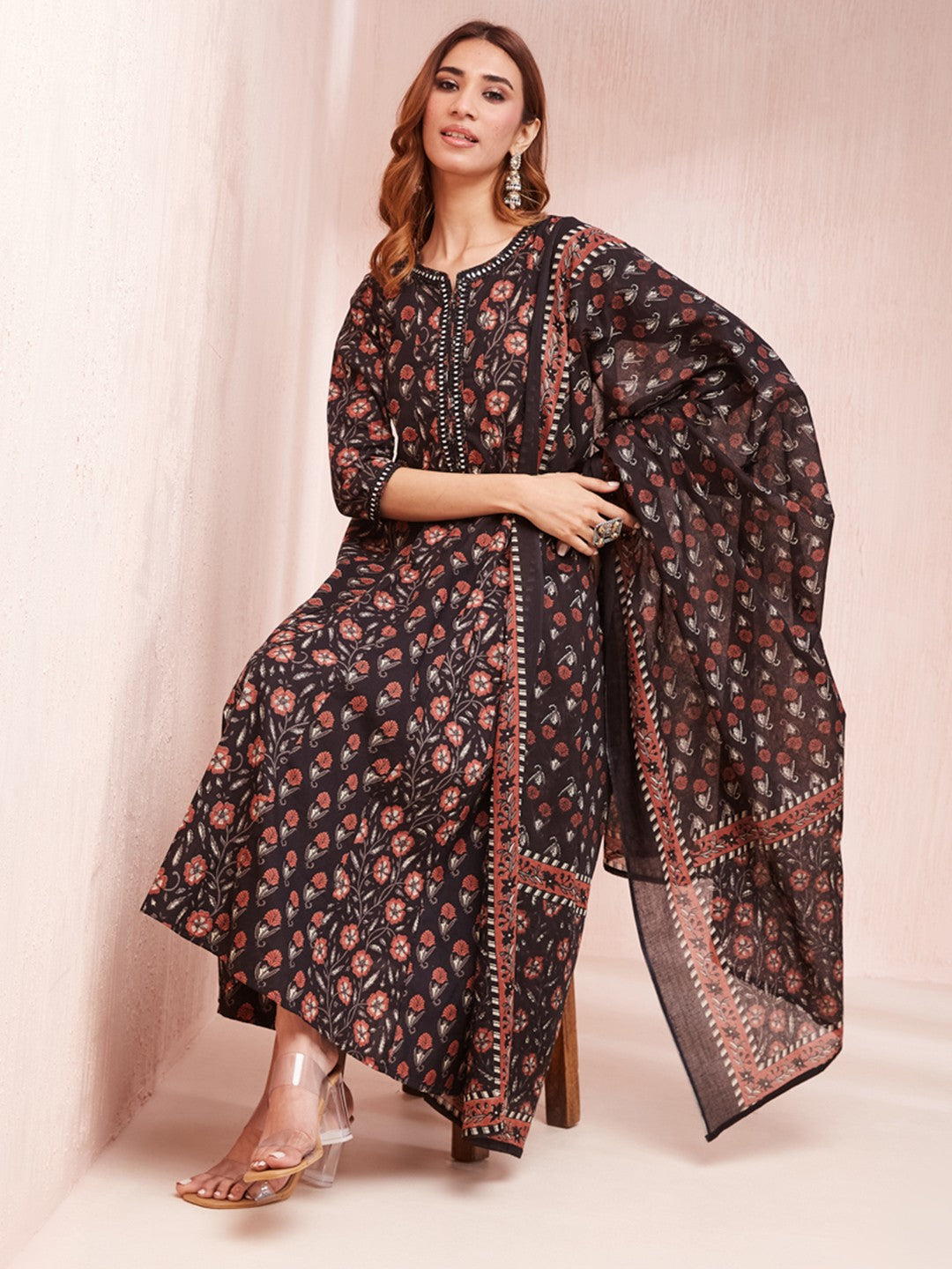 Black Floral Print Mirror_Work Anarkali Kurta Trouser And Dupatta Set-Yufta Store-1745SKDBKS