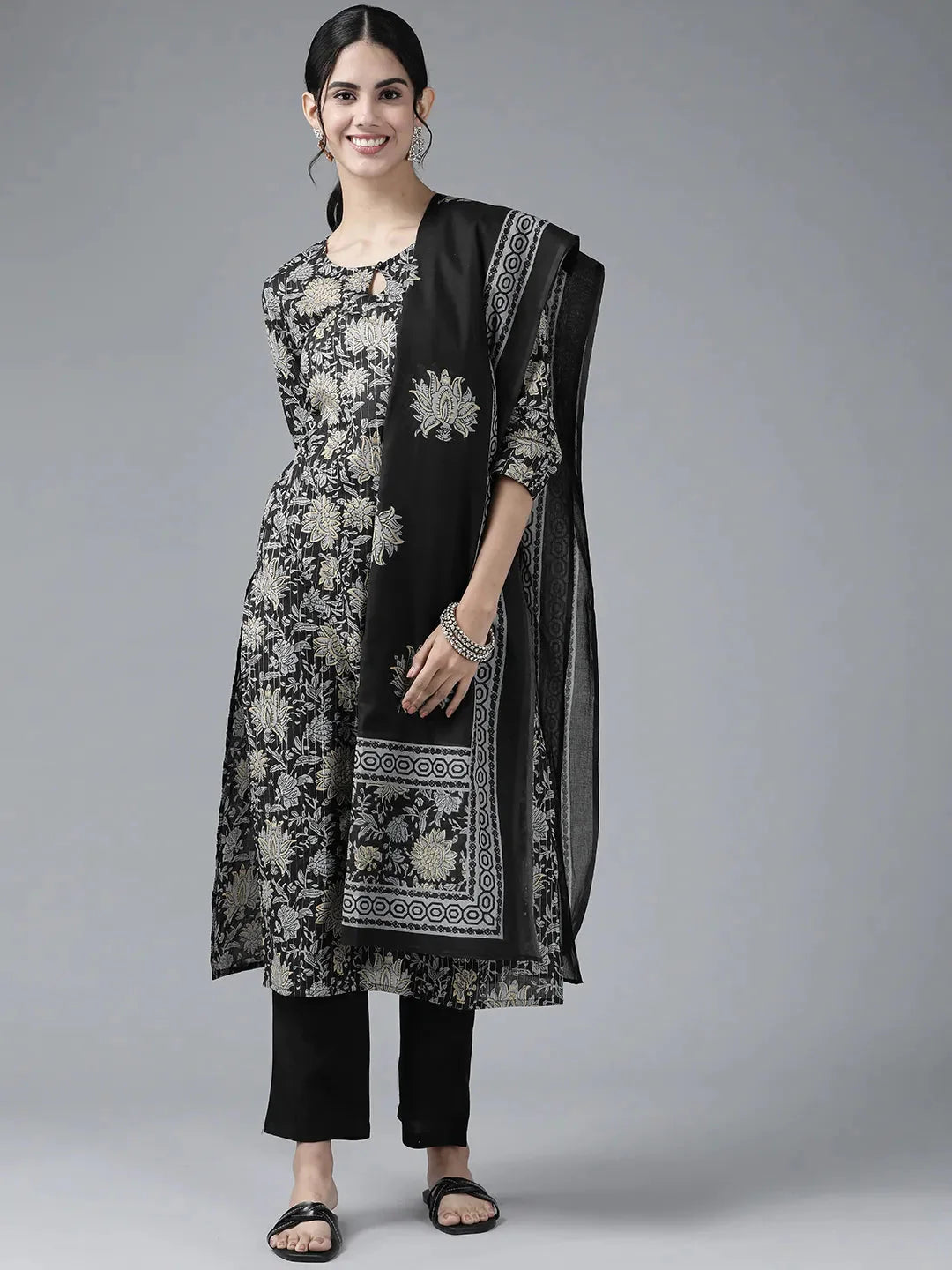 Black & Grey Floral Printed Dupatta Set-Yufta Store-9463SKDBKS