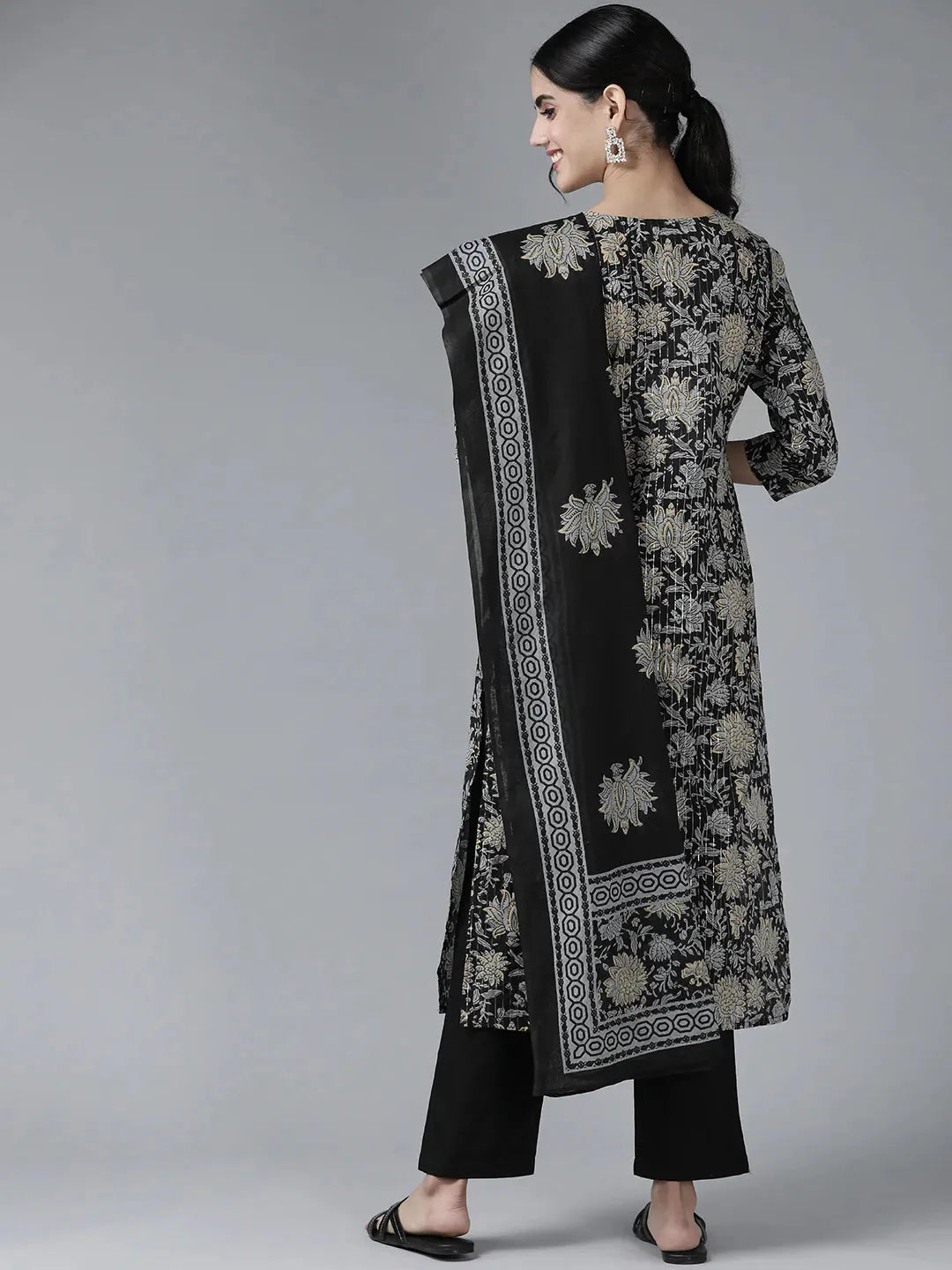 Black & Grey Floral Printed Dupatta Set-Yufta Store-9463SKDBKS