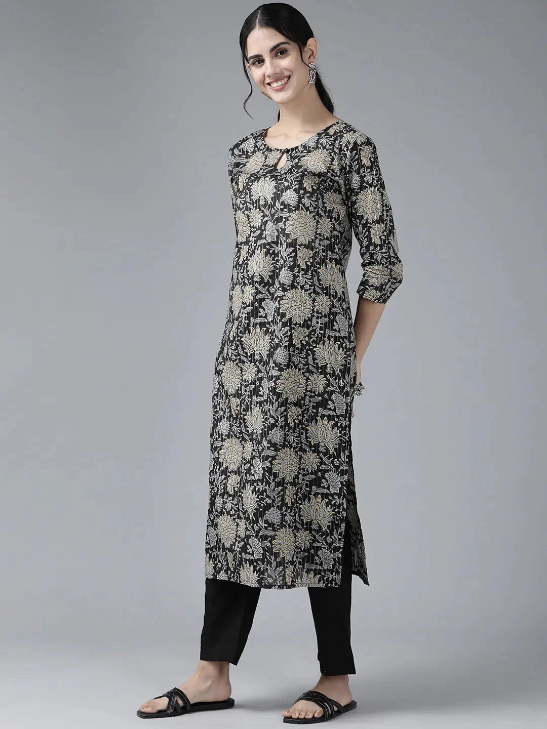 Black & Grey Floral Printed Dupatta Set-Yufta Store-9463SKDBKS