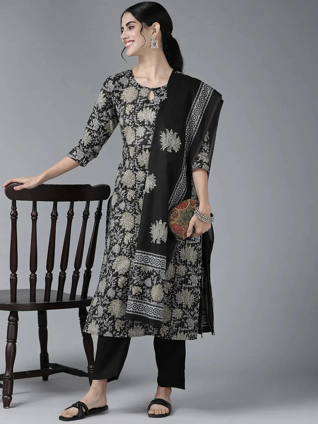 Black & Grey Floral Printed Dupatta Set-Yufta Store-9463SKDBKS