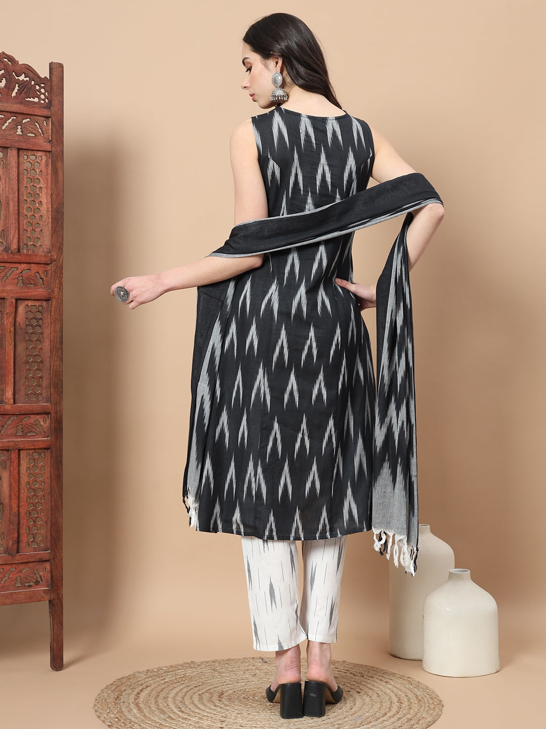 Black Ikat Print A-Line Kurta Palazzo And Dupatta Set-Yufta Store-1774SKDBKS