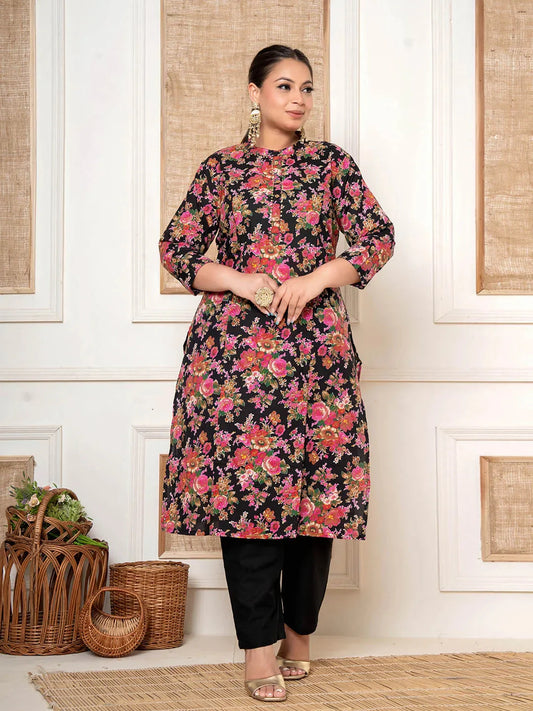 Black Kantha Work Plus Size Kurta Set With Pant-Yufta Store-6819PSETBK3XL