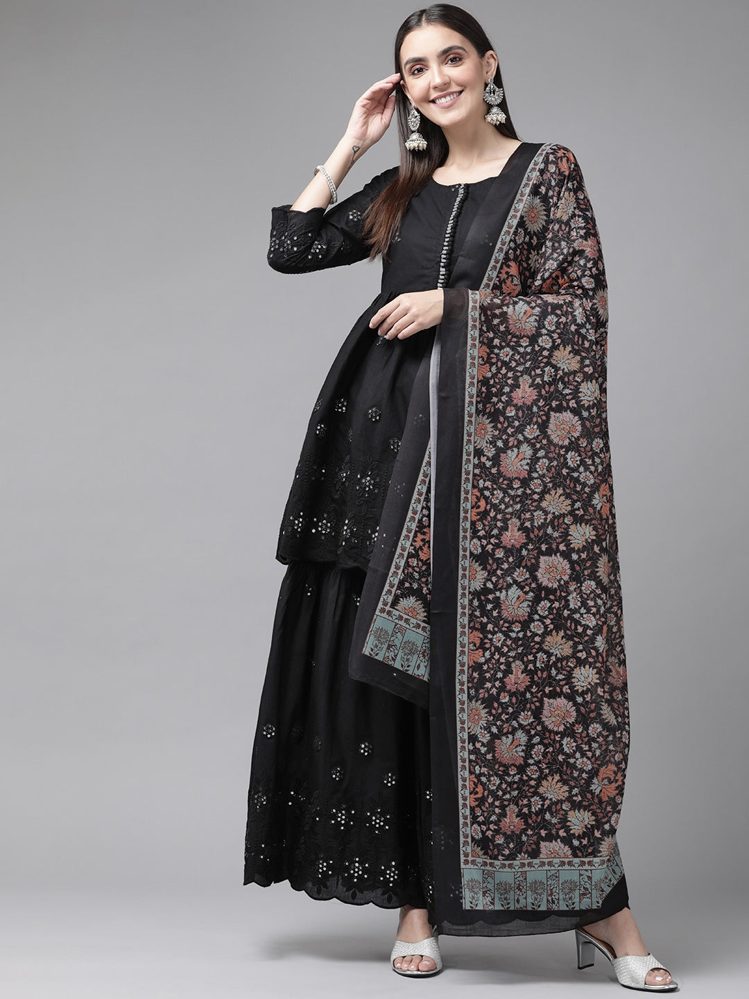 Black Mirror Work Dupatta Set-Yufta Store-2356SKDBKS