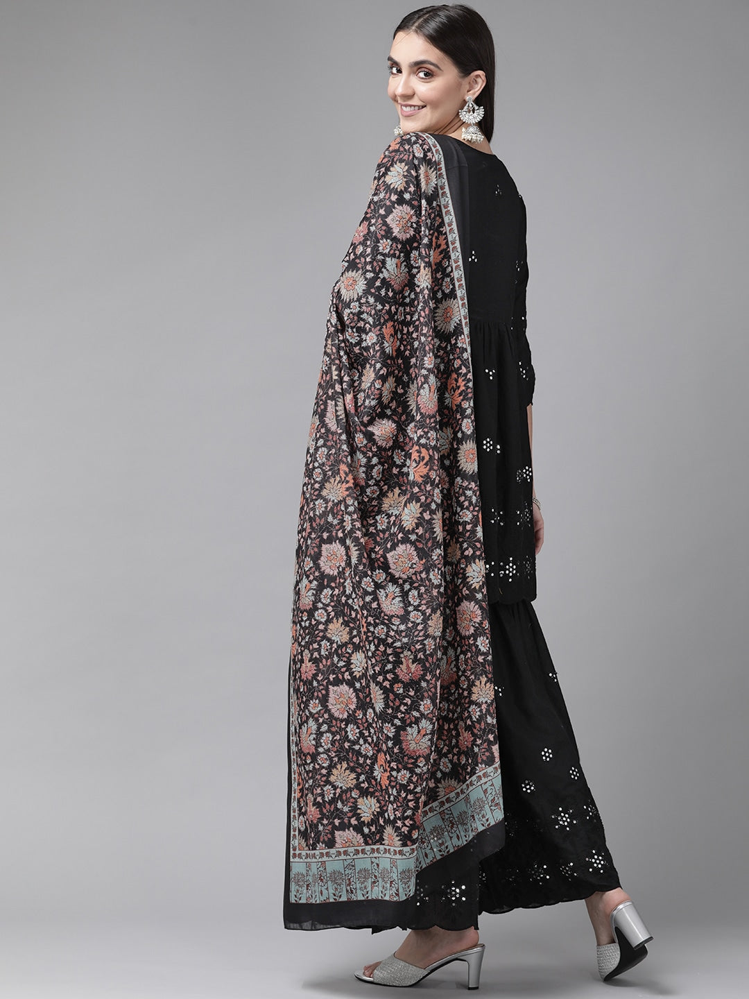 Black Mirror Work Dupatta Set-Yufta Store-2356SKDBKS